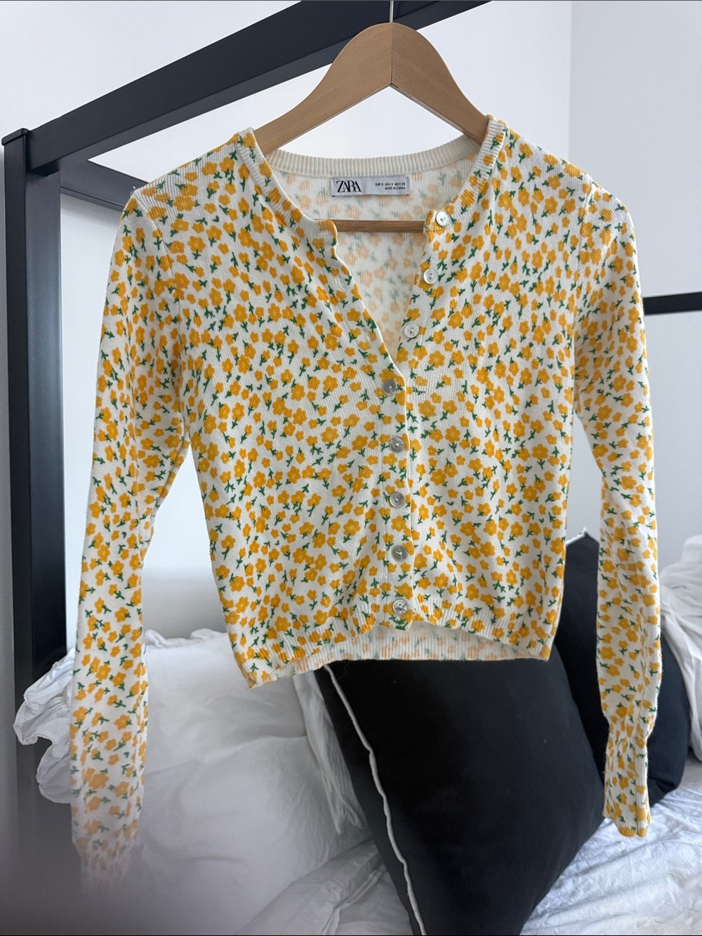 Zara Cream Cardigan with Yellow Floral Print and Green Accents